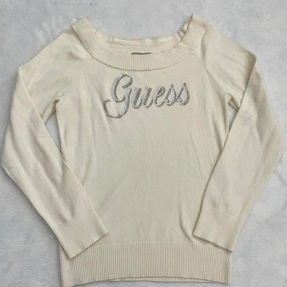 Guess Rhinestone Y2K Sweater Women's XL Off Shoulder VTG 2000s Swan Chic Fall